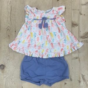 “Maggie & Zoe” Brand 2 Piece Set Baby Girl Size 12 Mo. Summer- Seahorses